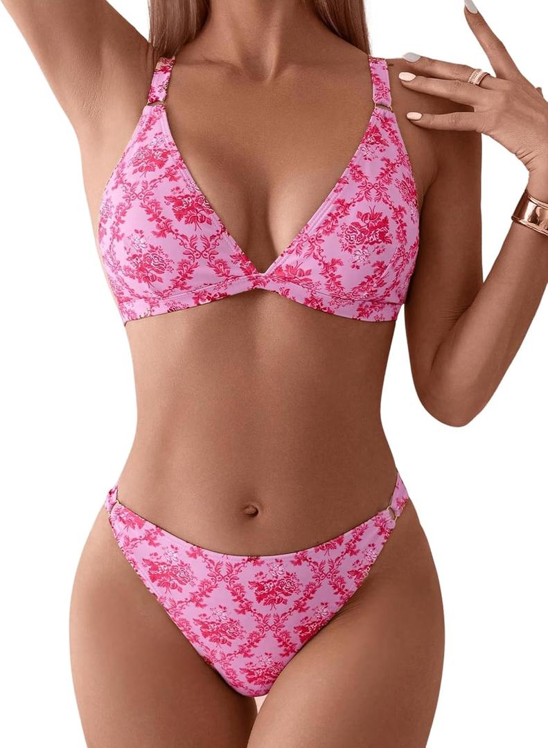 ZAFUL Women's 2 Piece Floral Print Swimsuit Triangle String High Cut Bikini Sets Bathing Suit (Medium)
