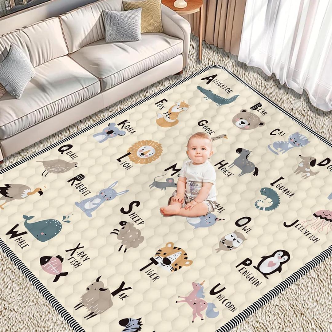 Baby Play MAT 59" X 71" Cotton Filling, Thickened Anti-Slip Mat for Floor Playpen, Foldable and Machine Washable Baby Crawling Mat