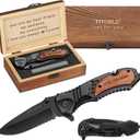 Gifts for Men Dad Him Fathers Day, Anniversary Birthday Gifts ideas for Boyfriend Husband, Engraved Pocket Knife, Wooden Handle Folding Knife with Wood Box, Unique Outdoor Camping Hunting Fishing Tool