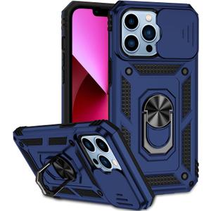 Phone Case for iPhone 13 Pro with Camera Lens Cover HD Screen Protector,Military Grade Ring Car Mount Kickstand Hybrid Hard PC Soft TPU Shockproof Protective Blue