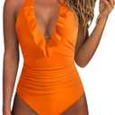 SUUKSESS Women Sexy Halter One Piece Swimsuits Ruffle Tummy Control Bathing Suit (#1 Orange), XL