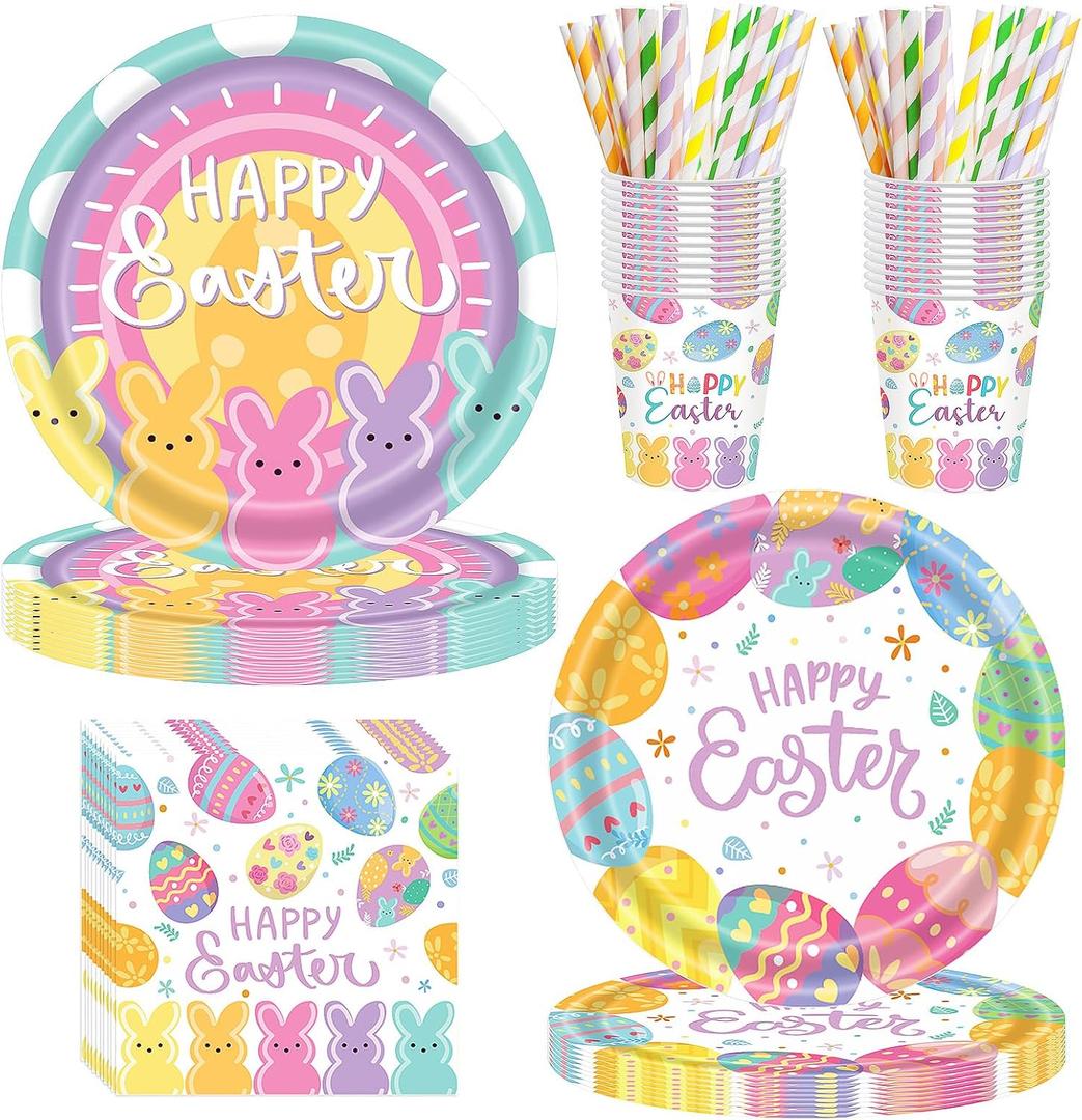 125PCS Easter Party Supplies Set, Happy Easter Bunny Egg Disposable Paper Plates Tableware Serve 25 Guests, Easter Dinner Plates 9" Dessert Plates 7" Cups Napkins Straws
