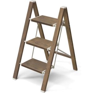 Mayi Plus 3 Step Ladder,Aluminum Folding Step Stool for Adults,Step Ladder with Wide Anti-Slip Pedal,330 lbs Capacity for Home,Kitchen,Library,Office(Cherry Woodgrain)