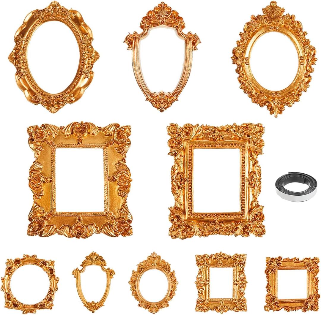 10 Pcs Mini Gold Picture Frames with Magnetic Tape Small Vintage Resin Antique Miniature Tiny Frames DIY Baroque for Photo Jewelry Home Wedding Decor
