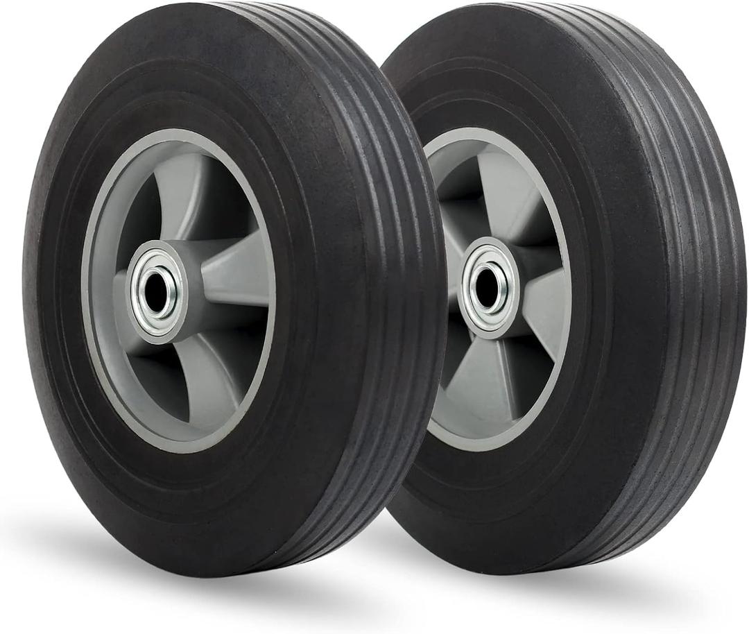 GICOOL 10" x 2.5" Flat-Free Solid Rubber Tire and Wheel 5/8" Axle Bore Hole, 2 1/4" Offset Hub, Replacement 4.10/3.50-4" for Hand Truck Dolly Trolley Garden Wagon Cart Generator, 2 Pack, 10" , Bore Dia.5/8" Plastic Rims