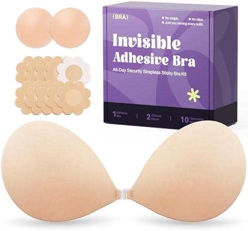 Invisible Strapless Sticky Bra Push up for Women, Ultra Adhesive Bra for Backless Dress, Cleavage Bra Lift Novelty Bras (D Cup, Beige)