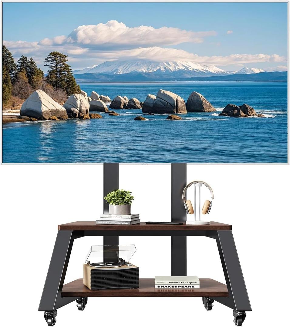 Mobile TV Stand Rolling TV Cart with Wheels for Most 32-86 Inch TV Stand with Double Wooden Shelf, Height Adjustable Heavy-Duty Holds up to 180lbs,Max VESA 600 * 450mm