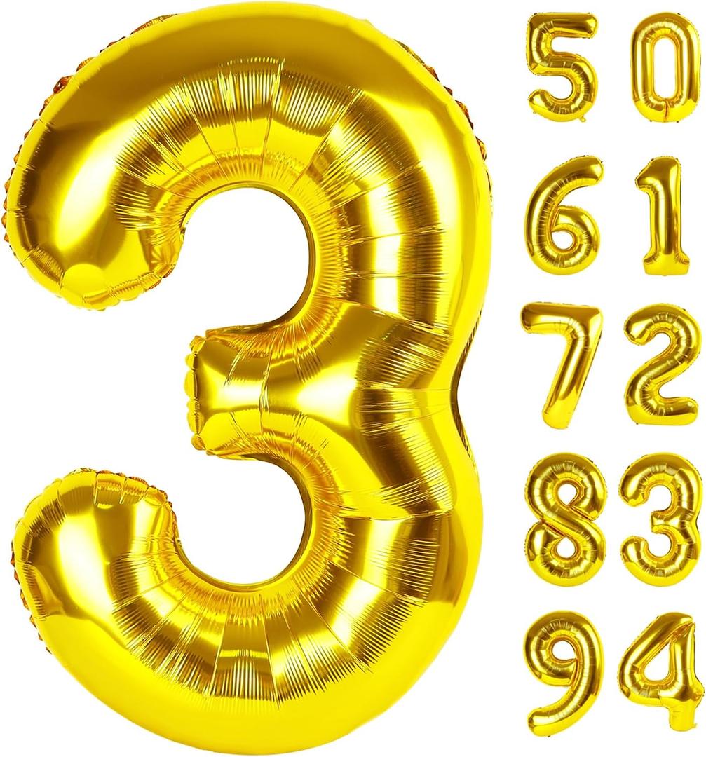 Gold 3 Balloon, Number Balloon 40 Inch, 3rd Three Year Old Birthday Deco, Gold Party Supplies for Party Decorations, Number 3 Balloon