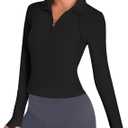 BMJL Womens Workout Tops Long Sleeve Golf Shirts UPF 50 Ribbed Light Jackets Quarter Zip Pullover Three Pockets (Black, S)