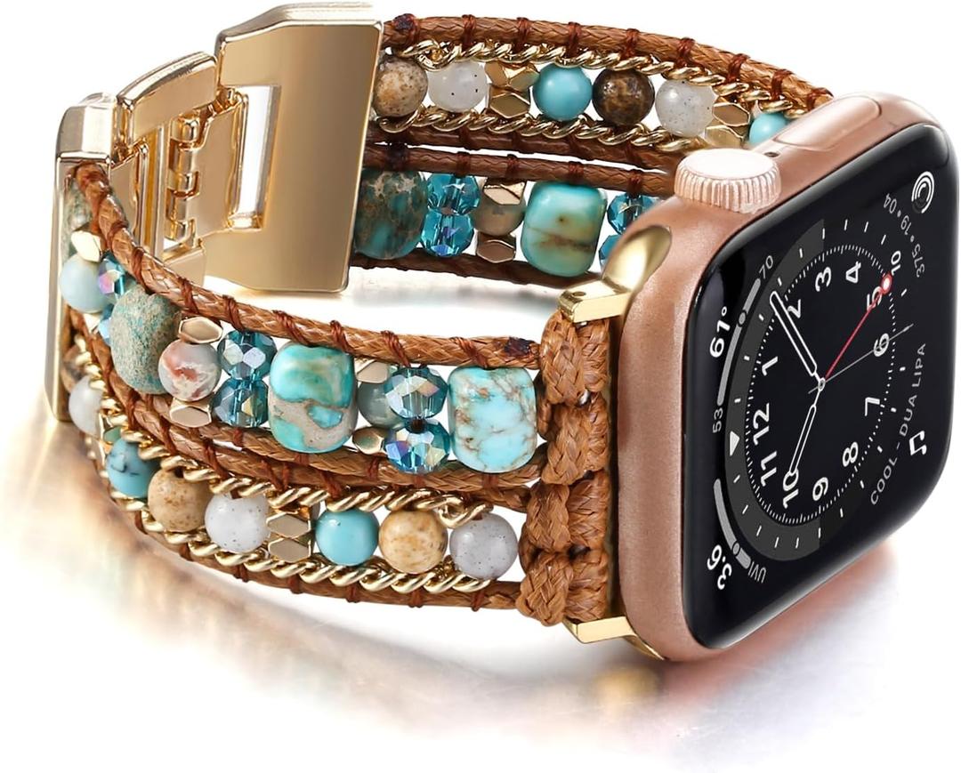 Boho Bracelet Compatible with Apple Watch Band 41mm 40mm 42mm 38mm 49mm 46mm 45mm 44mm Natural Stone Beaded iWatch Band Women Men Apple Watch Strap Ultra Series 11/10/9/8/7/6/5/4/3/2/1/SE 3/Ultra 3 (Blue)