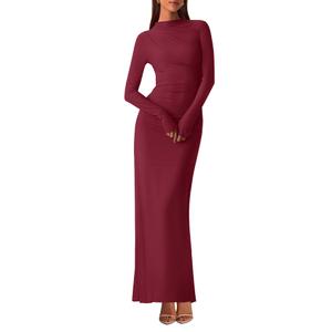BTFBM Women Bodycon Maxi Dress Fall 2025 Long Sleeve Ruched Elegant Party Cocktail Formal Wedding Guest Dresses(Wine Red,XX-Large) (XXL)