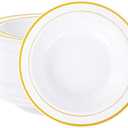 Nervure 50 Pack Plastic Bowls with Gold Rim - 12oz Disposable Soup Bowls - Heavy Duty Dessert & Salad Bowl & Ice Cream Bowl for Weddings, Parties, Mother's Day, Father's Day, and Everyday Use