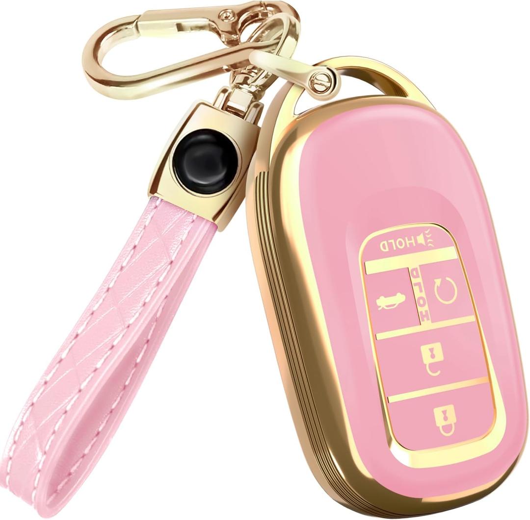 Lucrum Compatible with Honda Key Fob Cover & Leather Keychain - TPU Keyfob Case for Accord Civic CR-V HR-V Pilot Ridgeline, For 5 Button Remote (2022-2026) - Pink and Gold