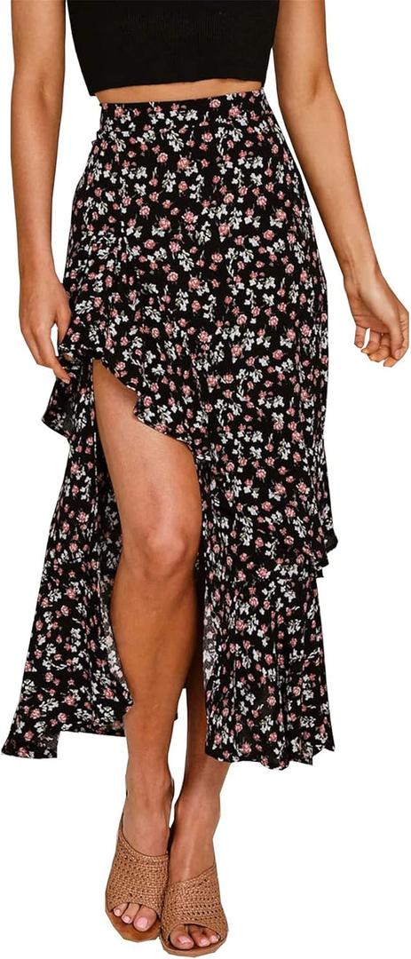 BTFBM Women 2025 Summer Fall Boho Long Skirts Dress Floral Print Elastic Waist Split Ruffle High Low Beach Maxi Skirt (Z-black, XL)