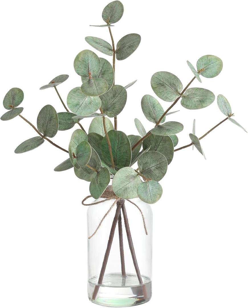Artificial Eucalyptus Stems in Glass Vase with Faux Water,3Pcs Fake Plant with Double-Sided Green Leaves for Home, Bathroom, Office, Farmhouse, Shelf Coffee Table Decor