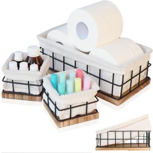 Metal Baskets for Organizing - Set of 3 Black Metal Basket with Liner, Wooden Decorative Baskets for Home Decors, Bathroom Decor & Kitchen Decor, Wooden Wire Basket Storage(1 Large, 2 Small)