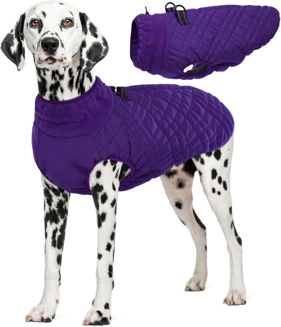 Kuoser Large Dog Coat, Windproof Dog Jackets for Large Dogs, Warm Pet Coat with Harness Built in, Doggie Cold Weather Coats Snow Jacket for Labrador Beagle, Purple XXL (XXL (Chest Girth: 35.4''))