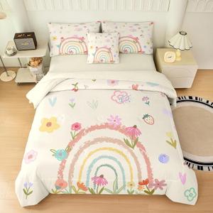 6 Pieces Colorful Rainbow Comforter Set Full for Girls, Cartoon Love Hearts Flowers and Grass Rainbow Bedding Set, Soft Microfiber Bedding Sets in a Bag with Comforter, Sheets, Pillowcases