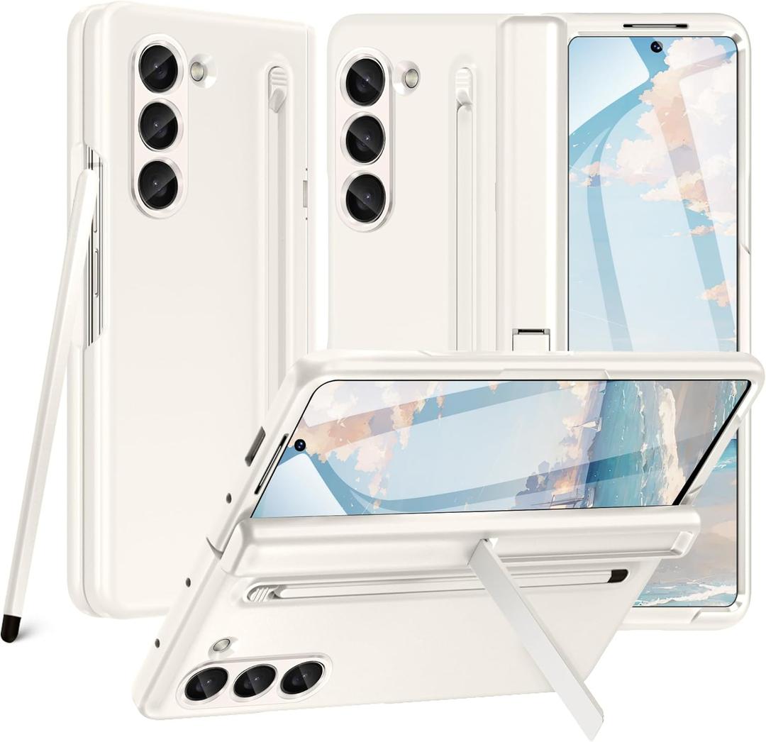 Fingic for Samsung Z Fold 6 Case[with S Pen( not the original Galaxy Z Fold 6 stylus )&with 9H Screen Protector & S Pen Slot]with Hidden Stand Heavy Duty Luxury Slim Protective Phone Case, Cream White