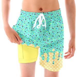 Boys Bathing Suits Swimwear Novelty Green ice Cream Board Shorts 14 Years Kids Yellow Swim Trunks with Compression Liner Big Boys Swim Shorts