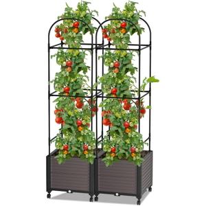 Raised Garden Bed Planter Boxes with Trellis, Gardening System-Self Watering Planter with Wheels, Plants Outdoor and Indoor Tomato Cage for Climbing Vegetables Plants & Herbs & Flowers