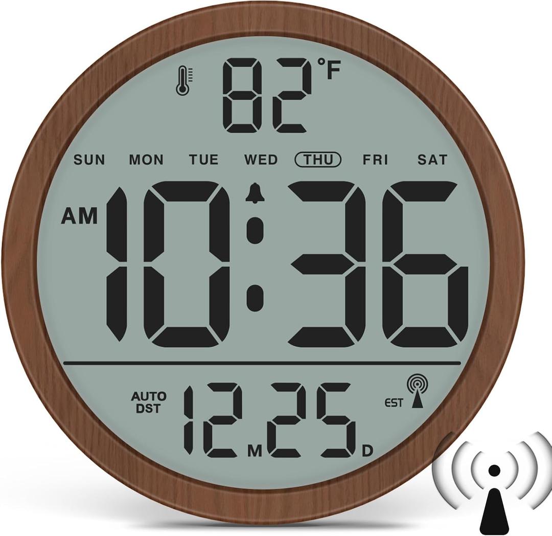 WallarGe Atomic Wall Clock - Never Needs Setting, Digital Wall Clock Battery Operated with Date, Temp, DST, Self-Setting Time, Easy to Read 8 Inch Display for Bedroom, Living Room, Home, Office