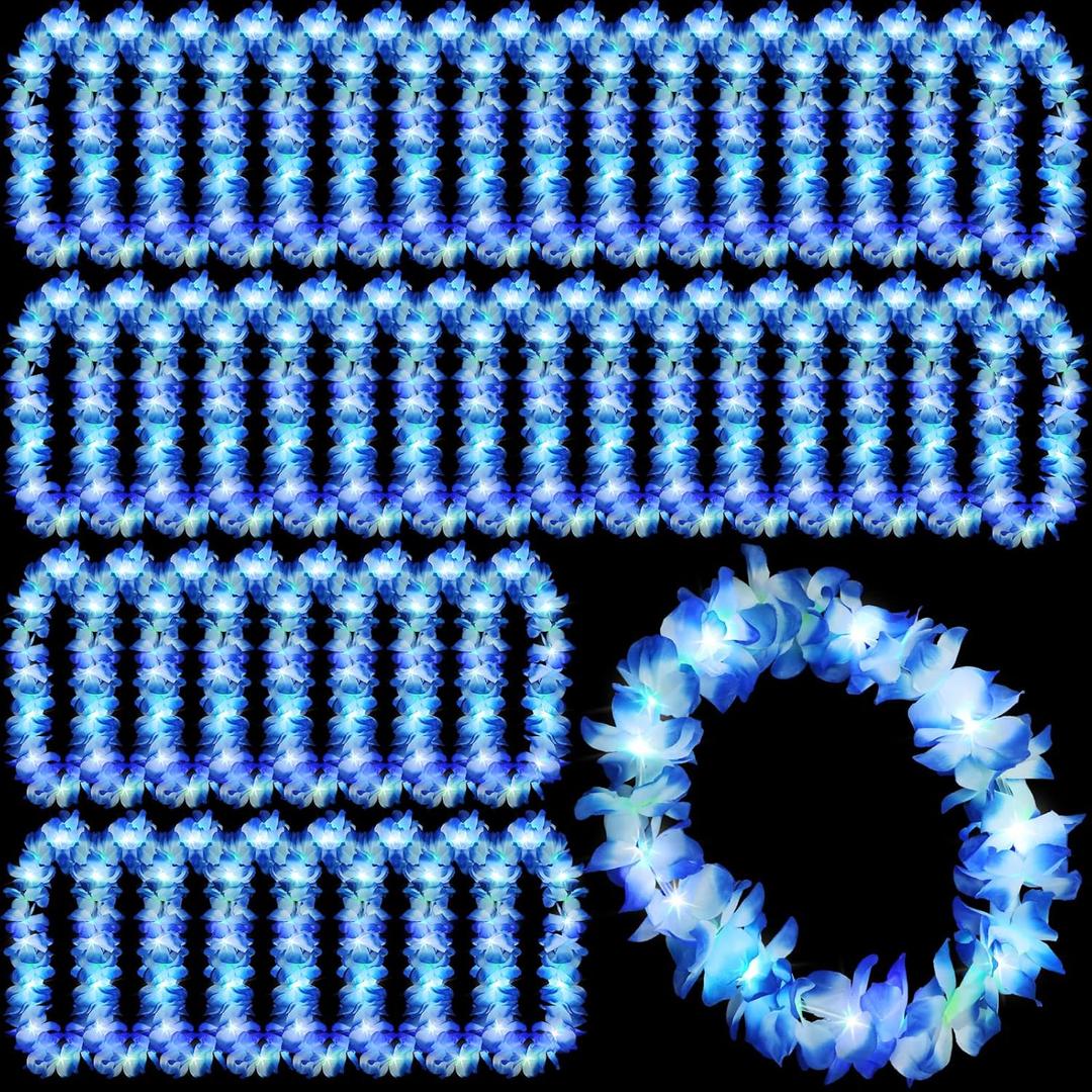 Sherr 48 Pcs LED Hawaiian Leis Light up Flower Leis Necklace with LED Lights Luau Flowers Necklaces for Masquerade Beach Wedding Tropical Themed Party Supplies(Blue)