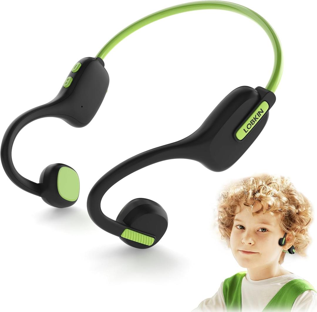 LOBKIN Kids Headphones Open Ear, Bluetooth 5.3 Air Conduction Wireless Lightweight Kids Earbuds IPX5 Waterproof with Microphone for School, Home and Outdoor Activities Gifts for Boys Girls (Green)