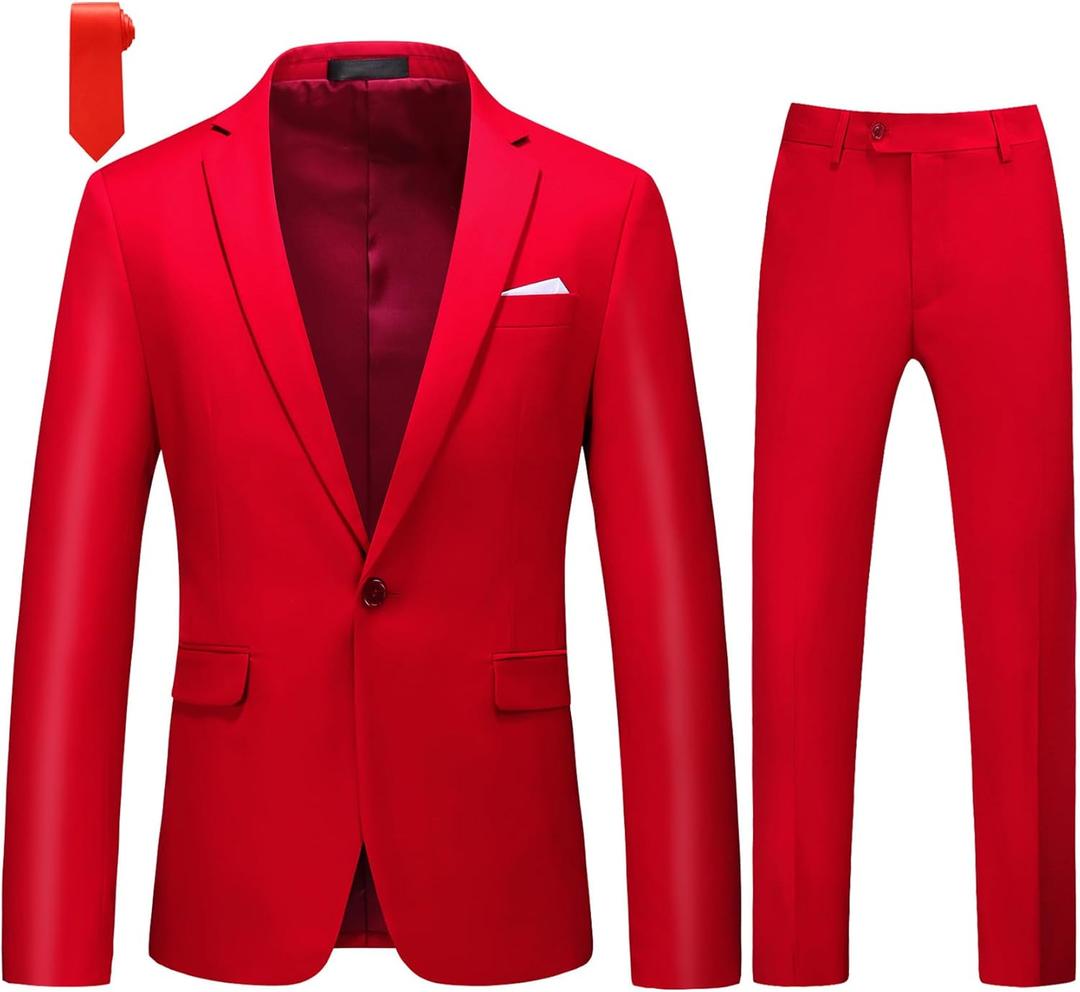 MOGU Men's Slim Fit 2-Piece Tuxedo Suit One-Button Jacket & Pants Set for Wedding, Prom, and Formal Events (34, Red)