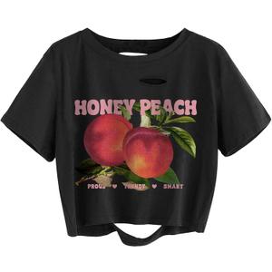 Avanova Women Finger Graphic Print Skull Skeleton Casual T Shirt Tee Short Sleeve Tie Dye Crop Top Peach Black Small
