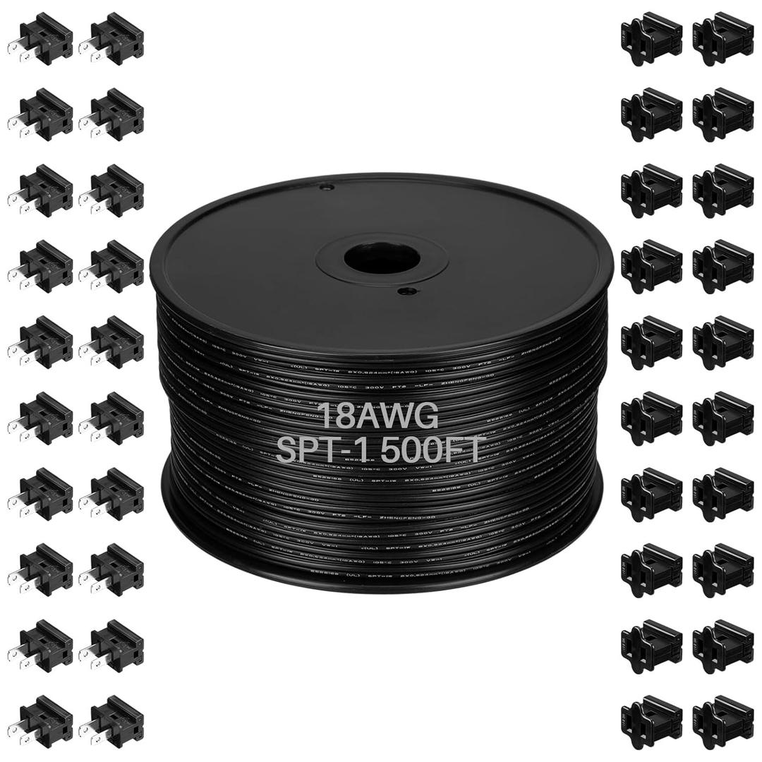 Kanayu 500ft SPT-1 High Voltage Landscape Wire 18 Awg 10 Amps Outdoor Electrical Extension Cord Wire Bulk Blank Spool Zip with 40 Male Female Plug for Light Lamp Lights(Black)