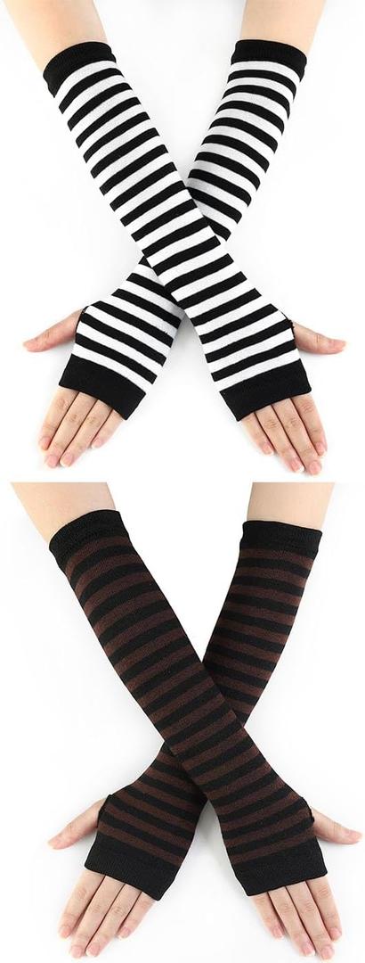 Urieo 2 Pairs Winter Arm Warmer Knit Long Fingerless Gloves Knitted Elbow Length Wrist Warmers with Thumb Hole for Women (Black)