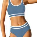 Girls Swimsuit Double Strap High Waist Sporty Bikini Swimsuits Swim Cover Up Skirt 3 Piece Set (13-14 Years, Gray-blue)