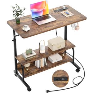 Height Adjustable Standing Desk with Power Outlets, 32" Manual Stand Up Desk with Storage Shelves Small Mobile Rolling Computer Desk Portable Laptop Table with Wheels for Home Office, Rustic