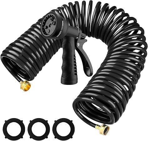 Pangda 25 Ft x 3/8'' Coil Garden Hose EVA Recoil Garden Self Coiling Expanding Water Hose with 6 Function Spray Nozzle Universal 3/4'' Brass Connector Fitting for Outdoor Yard (Black) Pangda 25 Ft x 3/8'' Coil Garden Hose EVA Recoil Garden Self Coiling Expanding Water Hose with 6 Function Spray Nozzle Universal 3/4'' Brass Connector Fitting for Outdoor Yard (Black)