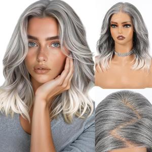 HAIRCUBE 13x6 HD Lace Front Wig for Women, 16-Inch Heat Resistant Synthetic Wavy Hair, Shoulder Length Glueless Lace Wigs for Daily, Party&Date (Gray)