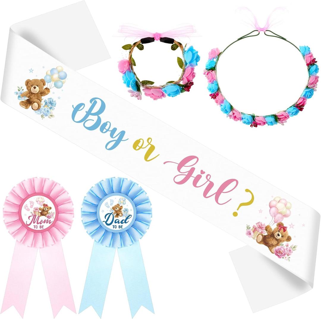 Riceshoot Boy or Girl Gender Reveal Sash Mom to Be Sash Dad to Be Pins with Flower Headband Wristband for Baby Showe Party (Blue,Pink,Bear Theme)