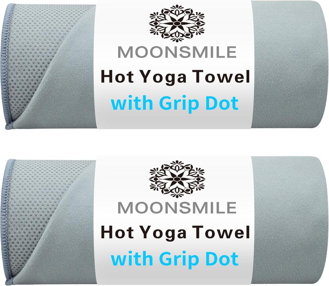 MOONSMILE 2 Pack Hot Yoga Mat Towels with Grip Dot,Yoga Mat Towels for Hot Yoga Non Slip,Soft Suede Microfiber Cover, Absorbent Pilates Exercise Accessories (Gray)