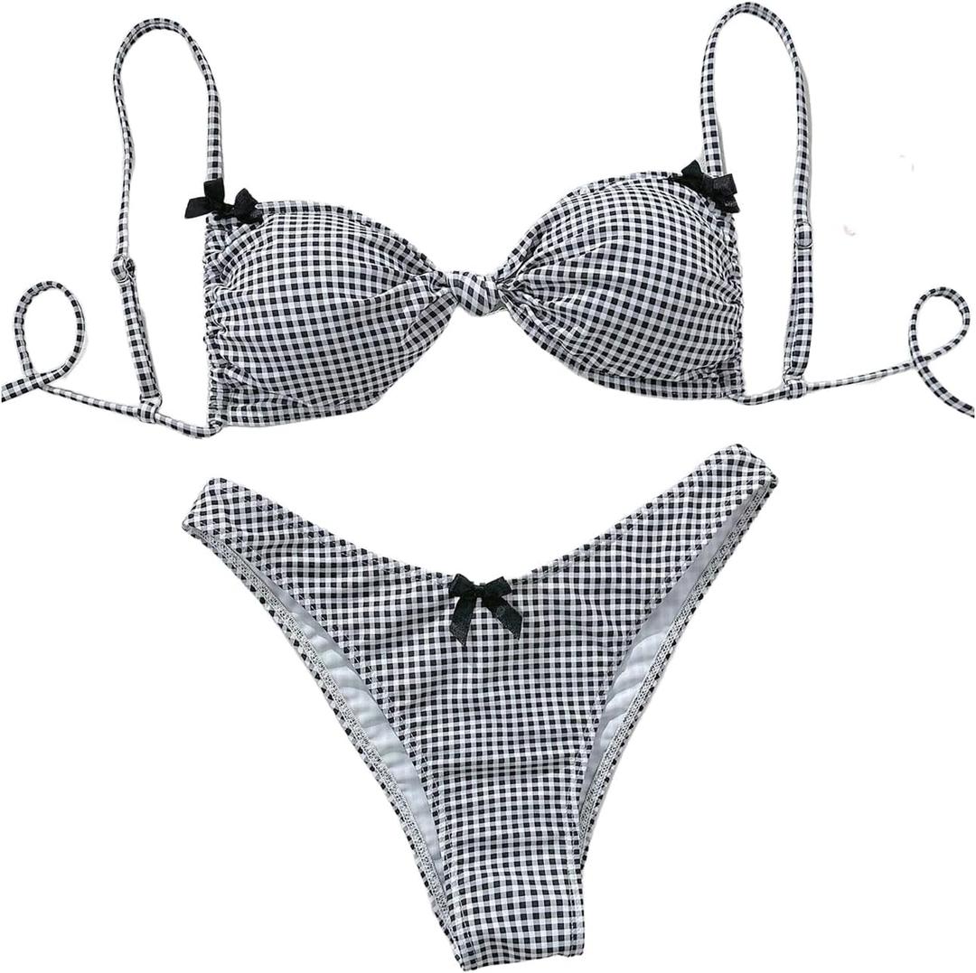 GORGLITTER Women's Y2k Gingham Bikini Set 2 Piece Bow Swimsuit Triangle High Cut Bathing Suit (Large, Black and White)