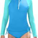 Oranchids Girls Rash Guard Swimsuit Long Sleeve Swimsuit Two Piece Color Block Ruched Bathing Suit Zip Girls' Swimwear 7-14Y (7-8 Years, Blue)