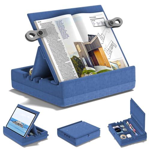 KDD Book Stand for Reading with Storage, Multi-Angle Adjustable Tablet Pillow Holder for Lap, Bed, Desk and Couch, Foldable iPad Holder with Organizer for Book,Tablet, E-Reader (4.7"-15") Blue