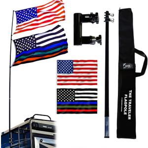 The Traveler Two Flag RV Ladder Flag Pole Kit. Includes Two Beautiful 3x5 Flags, Steel RV Flag pole Mount, Fits Standard 1 RV Ladders,14ft Fiberglass Retractable Pole, And A Storage Bag.