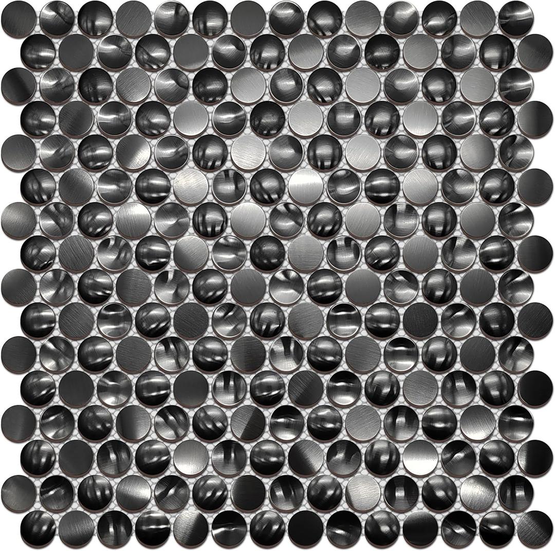 Black Tile Penny Round Mosaic 3D Concave Convex Tiles for Kitchen Backsplash, Bathroom Wall, Accent Wall (Case of 5)