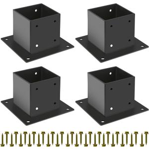 44 Post Base 4 Pcs,Deck Post Brackets,Inner Size 3.5"x3.5" Thick Steel Fence Post Anchor Base,Black Powder Coated Heavy Fence Post,for Supports Porch Railing Post Holders Pergola Brackets