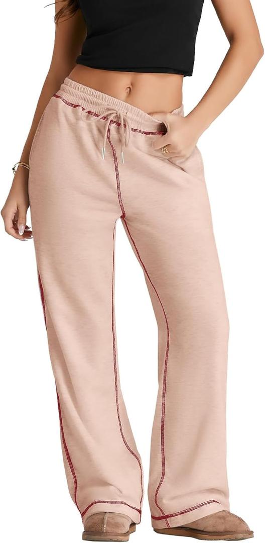 Herseas High Waisted Sweatpants for Women 2025 Fall Wide Leg Contrast Stitching Drawstring Loose Lounge Jogging Pants (M)