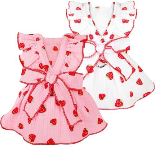 Dog Dresses for Small Dogs Girl Female Clothes Cat Clothes Cat Dress Cute Cotton Extra Small Summer Clothes Bow Decor Printed Strawberry Dog Birthday Outfit Puppy Clothes XS