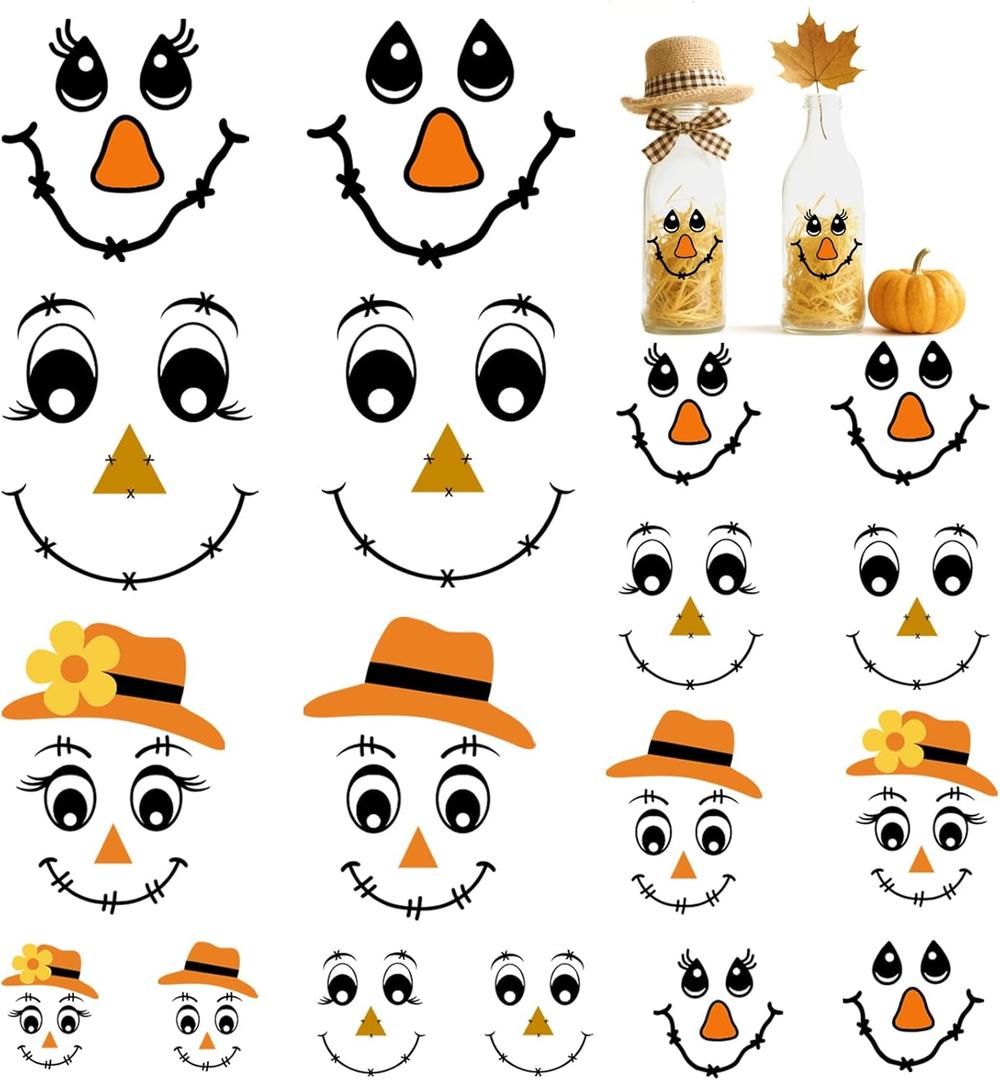 3 x 24pcs Fall Scarecrow Face Stickers Vinyl Decals Cute Autumn Scarecrow Face Stickers for DIY Crafts Window Cups Wall Glass Halloween Thanksgiving Day Home Decoration(face24)