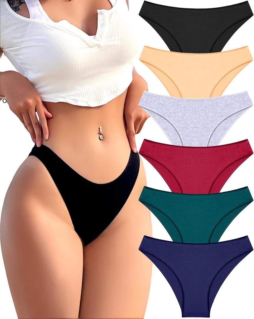 FINETOO 6 Pack Cotton Underwear for Women Cute Low Rise Bikini Panties High Cut Breathable Sexy Hipster Womens Cheeky (Large)