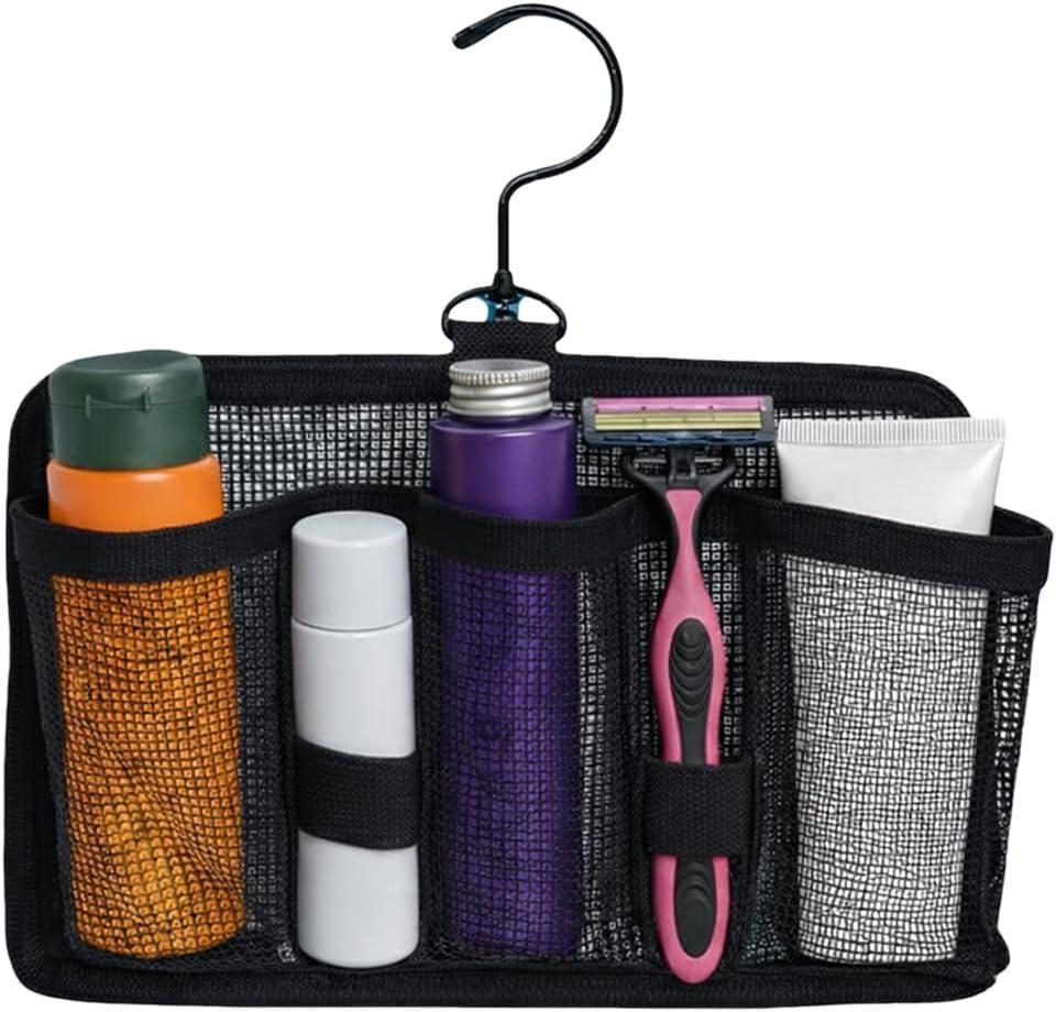 Hangable Mesh Shower Caddy Travel Organizer with Swivel Hook  Large Capacity 3-Compartment Toiletry Bag with Elastic Bands, Polyester Webbing & PVC, Portable Dorm Gym Bathroom Organizer (Black)
