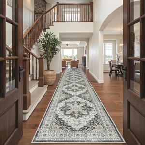 Madane Hallway Runner Rug 3x16 - Vintage Non Slip Washable 16ft Kitchen Runner for Entrance Soft Long Carpet Runners for Living Room Bathroom Low Pile Floor Mat for Bedroom Dining Room, Black